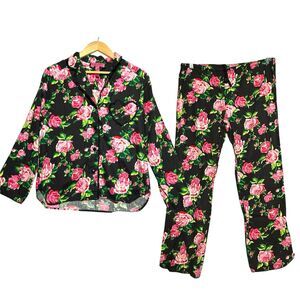 Betsey Johnson Black Pink Floral Pajama Sleepwear Set Button Top Women's Size SP